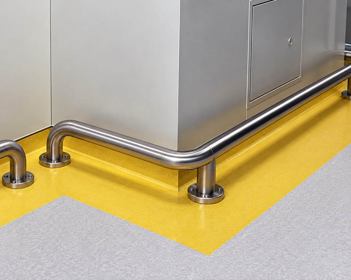 Stainless barrier rail protecting the corner of a wall