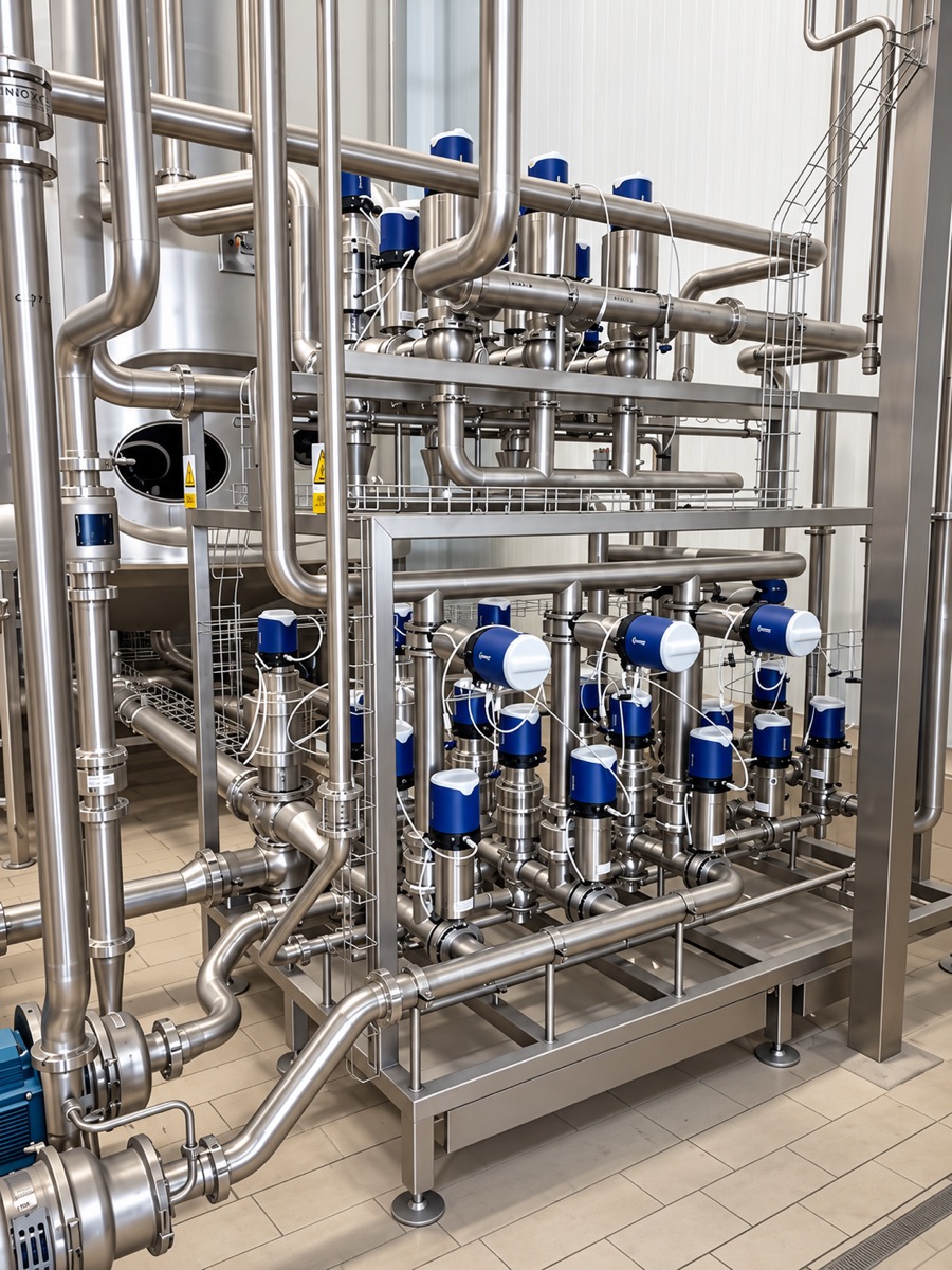 Stainless process skid with valves and pipework