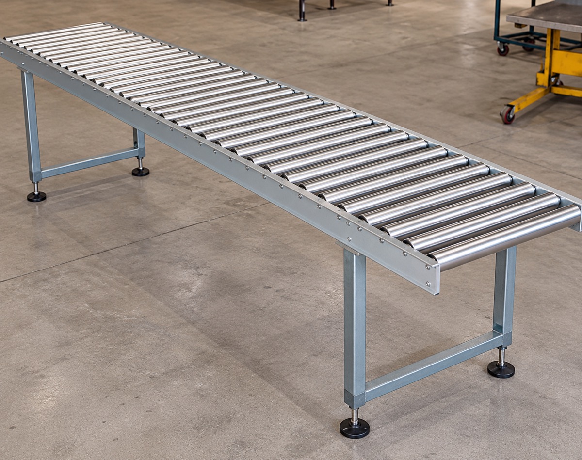 Stainless roller conveyor on adjustable legs