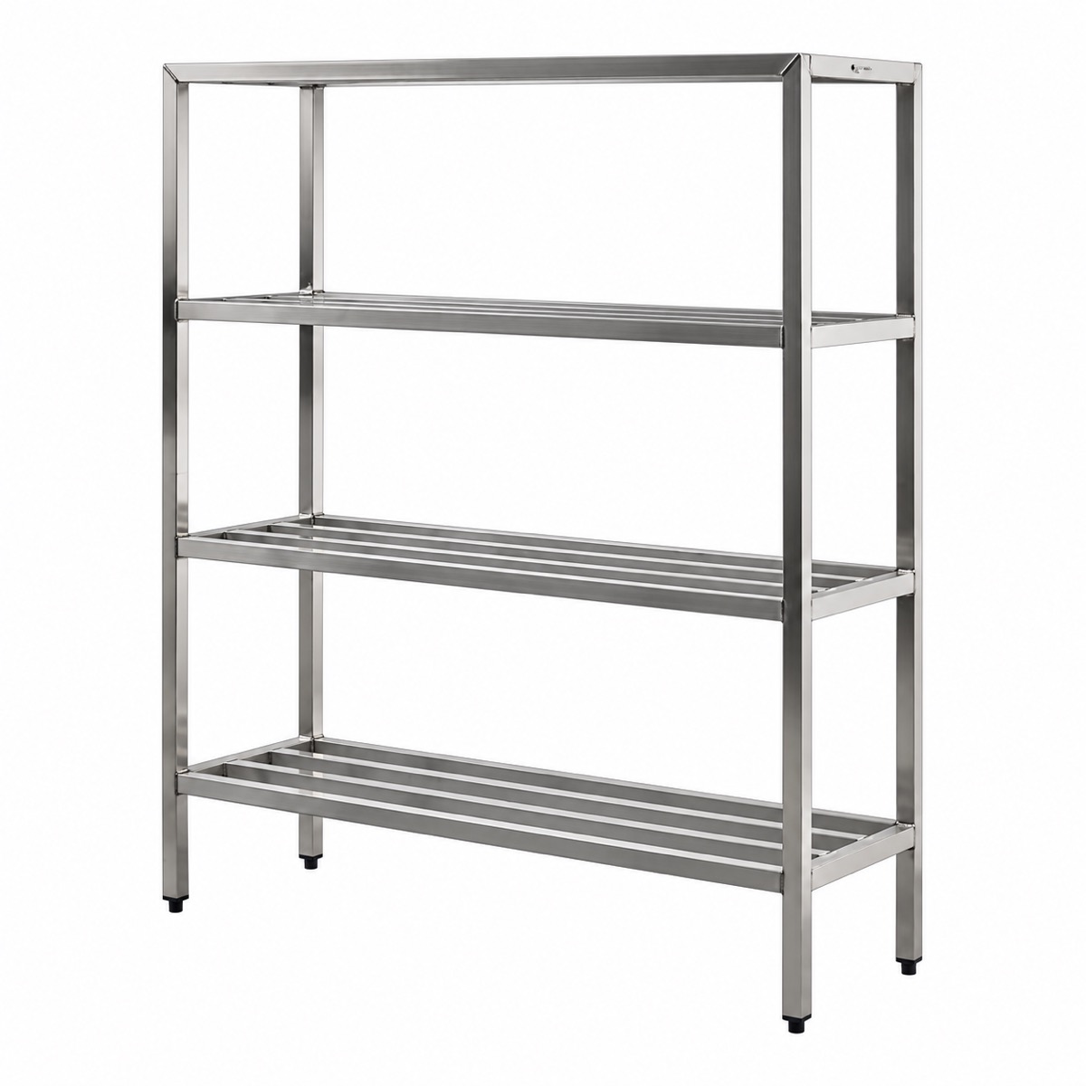 Stainless shelving unit with four slatted shelves