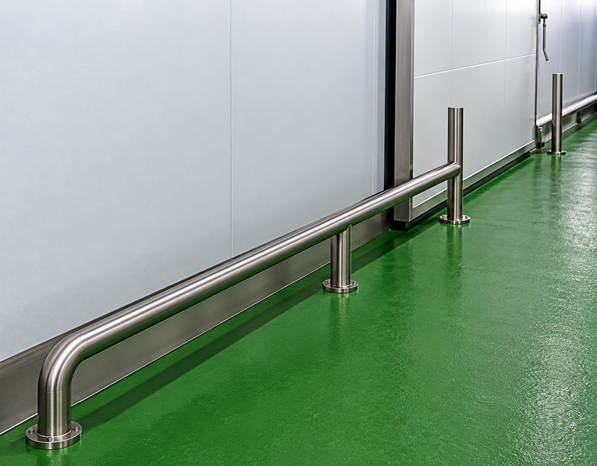 Stainless wall protection rail along a production corridor