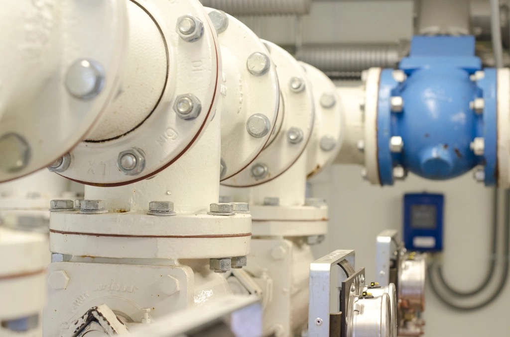 Flanged pipework and valves in a treatment plant